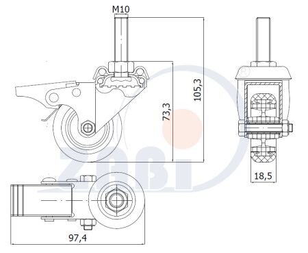 Колёса аппаратные (мебельные), Колёса аппаратные (мебельные), С опорами со штекером и тормозом с обозначением M54TH*M10