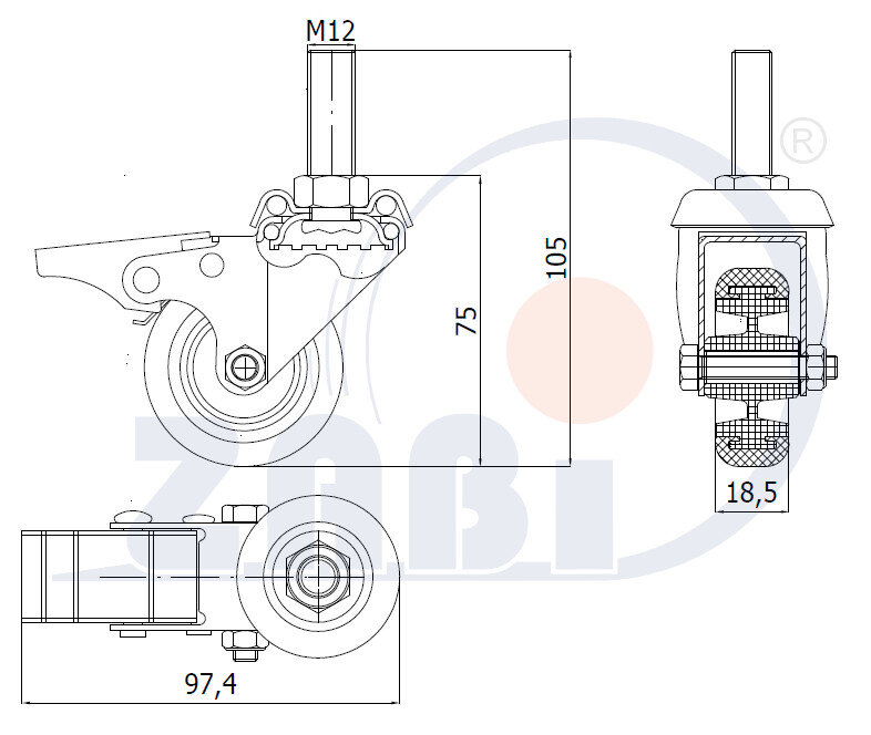 Колёса аппаратные (мебельные), Колёса аппаратные (мебельные), С опорами со штекером и тормозом с обозначением M54TH*M12