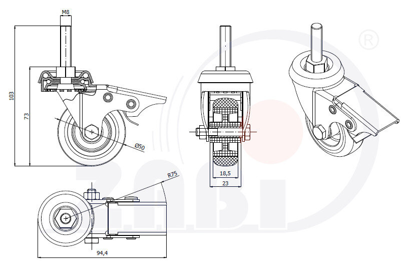 Колёса аппаратные (мебельные), Колёса аппаратные (мебельные), С опорами со штекером и тормозом с обозначением M54TH*M8