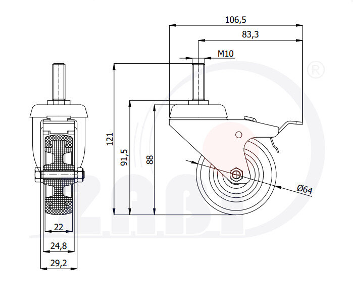 Колёса аппаратные (мебельные), Колёса аппаратные (мебельные), С опорами со штекером и тормозом с обозначением M64TH*M10