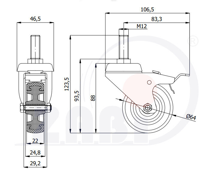 Колёса аппаратные (мебельные), Колёса аппаратные (мебельные), С опорами со штекером и тормозом с обозначением M64TH*M12
