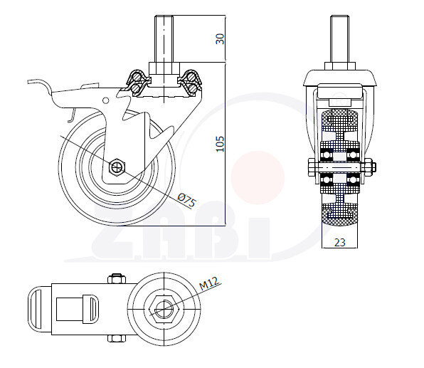 Apparaterollen und Räder/Möbelräder, Apparaterollen und Räder/Möbelräder, Lenkrollen mit Zapfen und Bremse mit dem Symbol M74TLH*M12