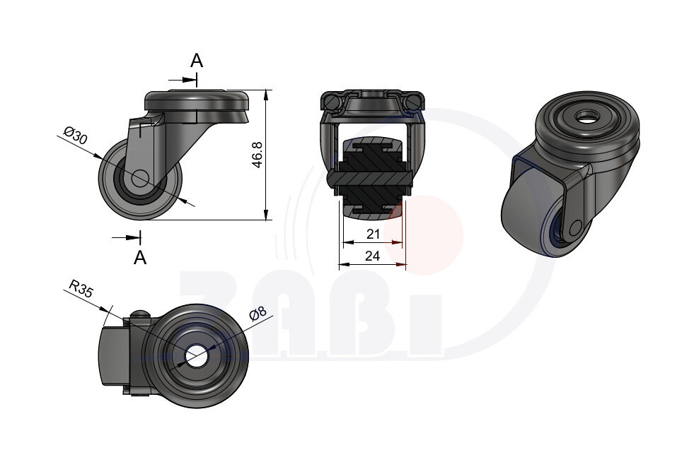 Колёса аппаратные (мебельные), Колёса аппаратные (мебельные), С опорами с отверстием с обозначением M37T