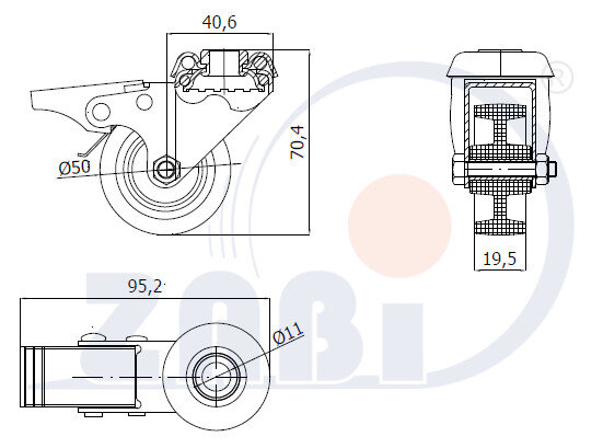 Колёса аппаратные (мебельные), Колёса аппаратные (мебельные), В корпусах с отверстием и тормозом с обозначением M57BH