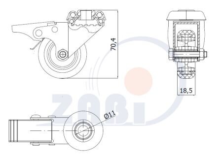 Колёса аппаратные (мебельные), Колёса аппаратные (мебельные), В корпусах с отверстием и тормозом с обозначением M57TH