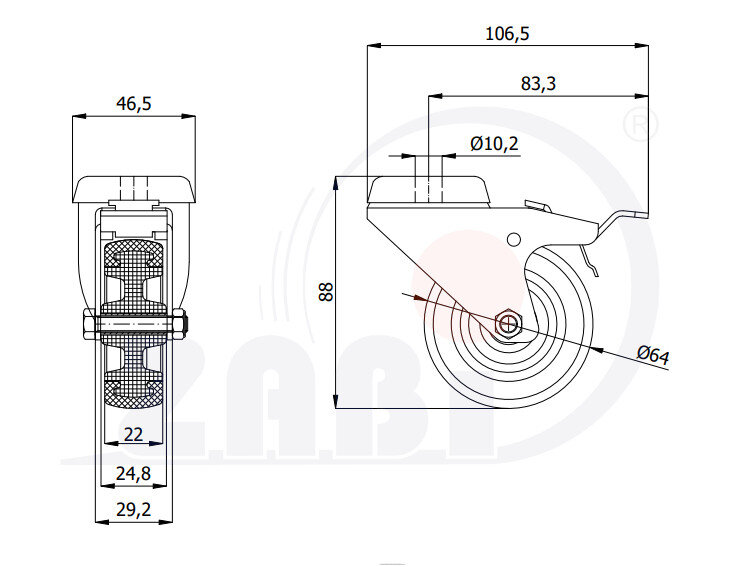 Колёса аппаратные (мебельные), Колёса аппаратные (мебельные), В корпусах с отверстием и тормозом с обозначением M67TH