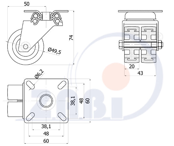 Колёса аппаратные (мебельные), Колёса пластиковые двойные тандем, В поворотных корпусах с обозначением M52T2
