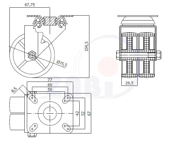 Колёса аппаратные (мебельные), Колёса пластиковые двойные тандем, В поворотных корпусах с обозначением M72B2