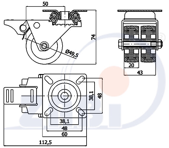 Колёса аппаратные (мебельные), Колёса пластиковые двойные тандем, В корпусах поворотных с тормозом с обозначением M52TH2