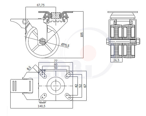 Koła aparaturowe-meblowe, Koła aparaturowe-meblowe typu tandem, W obudowach skrętnych z hamulcem o symbolu M72BH2