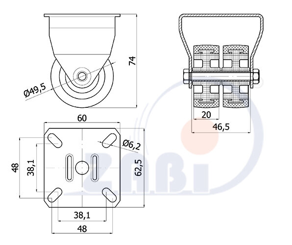 Колёса аппаратные (мебельные), Колёса пластиковые двойные тандем, В неповоротных корпусах с обозначением M53T2
