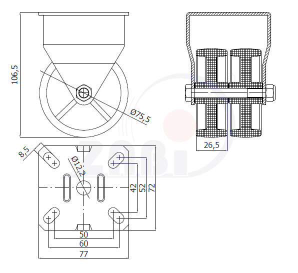 Колёса аппаратные (мебельные), Колёса пластиковые двойные тандем, В неповоротных корпусах с обозначением M73B2