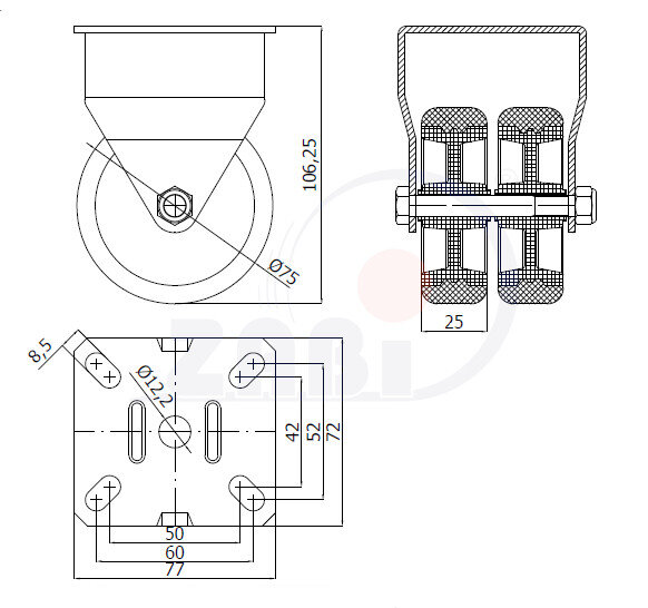 Колёса аппаратные (мебельные), Колёса пластиковые двойные тандем, В неповоротных корпусах с обозначением M73T2