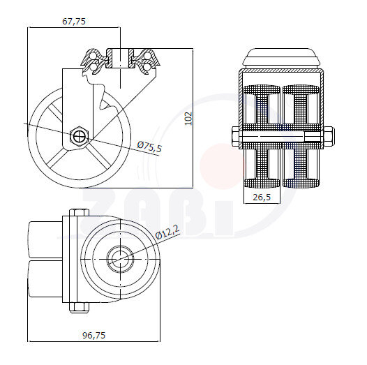 Koła aparaturowe-meblowe, Koła aparaturowe-meblowe typu tandem, W obudowach z otworem o symbolu M77B2