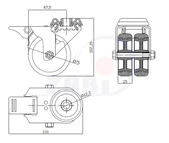 Колёса аппаратные (мебельные), Колёса пластиковые двойные тандем, В корпусах с отверстием и тормозом с обозначением M77TH2