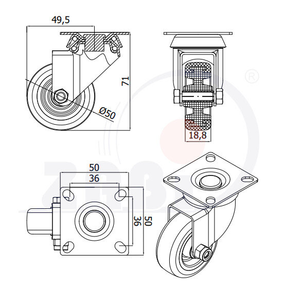 Apparaterollen und Räder/Möbelräder, Apparaterollen und Räder aus Kunststoff-Polyurethan, Lenkrollen mit Platte mit dem Symbol M52TPU