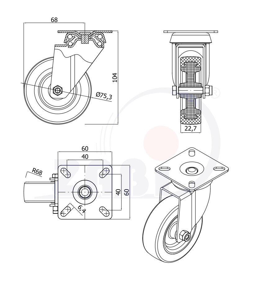Apparaterollen und Räder/Möbelräder, Apparaterollen und Räder aus Kunststoff-Polyurethan, Lenkrollen mit Platte mit dem Symbol M72TPU