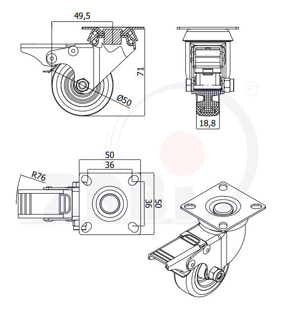 Apparaterollen und Räder/Möbelräder, Apparaterollen und Räder aus Kunststoff-Polyurethan, Lenkrollen mit Platte und Bremse mit dem Symbol M52TPUH