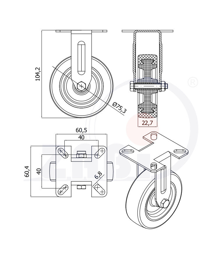 Apparaterollen und Räder/Möbelräder, Apparaterollen und Räder aus Kunststoff-Polyurethan, Bockrollen mit dem Symbol M73TPU