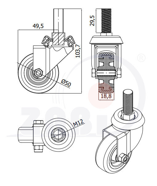 Apparaterollen und Räder/Möbelräder, Apparaterollen und Räder aus Kunststoff-Polyurethan, Lenkrollen mit Zapfen mit dem Symbol M54TPU*M12