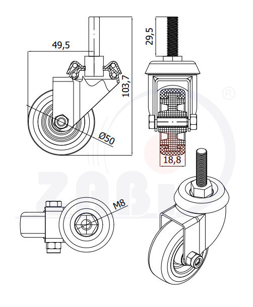 Apparaterollen und Räder/Möbelräder, Apparaterollen und Räder aus Kunststoff-Polyurethan, Lenkrollen mit Zapfen mit dem Symbol M54TPU*M8