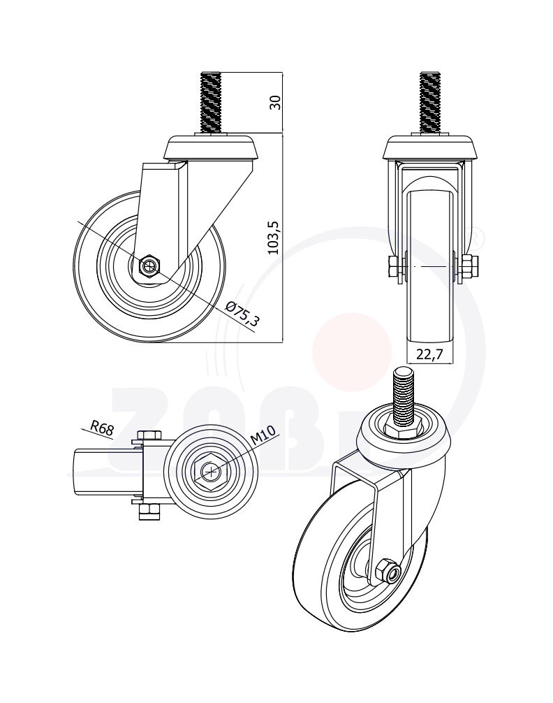 Apparaterollen und Räder/Möbelräder, Apparaterollen und Räder aus Kunststoff-Polyurethan, Lenkrollen mit Zapfen mit dem Symbol M74TPU*M10