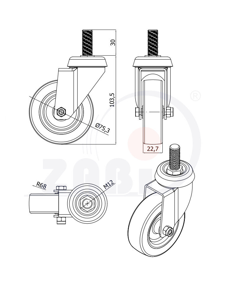 Apparaterollen und Räder/Möbelräder, Apparaterollen und Räder aus Kunststoff-Polyurethan, Lenkrollen mit Zapfen mit dem Symbol M74TPU*M12