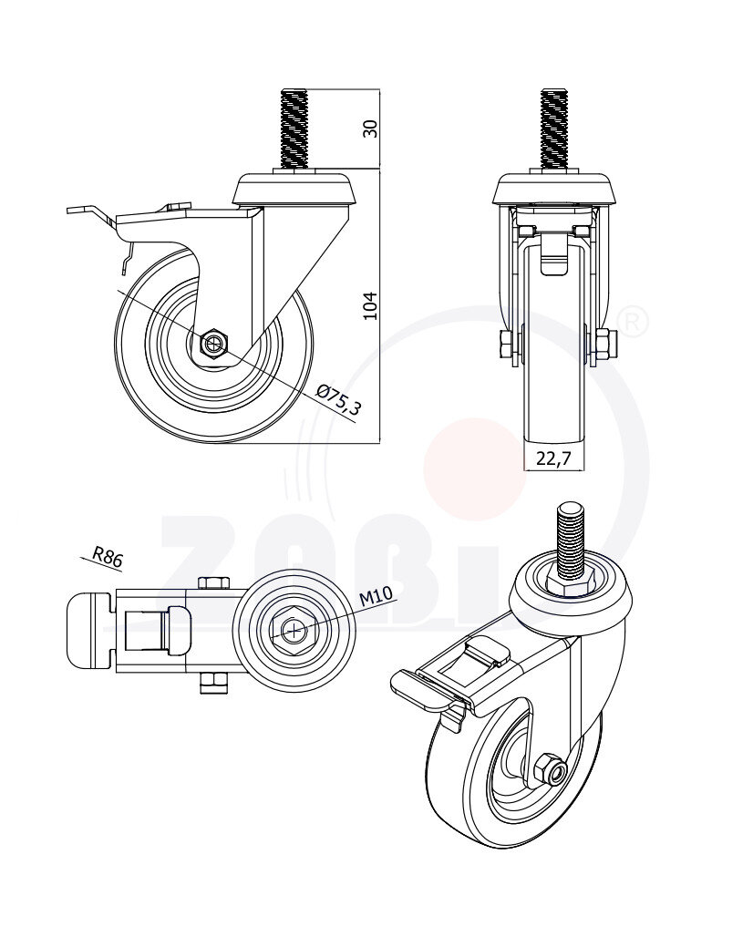 Apparaterollen und Räder/Möbelräder, Apparaterollen und Räder aus Kunststoff-Polyurethan, Lenkrollen mit Zapfen und Bremse mit dem Symbol M74TPUH*M10