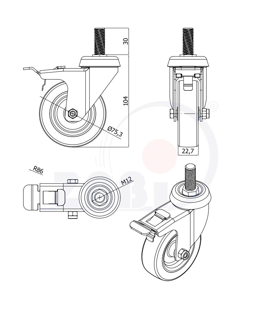 Apparaterollen und Räder/Möbelräder, Apparaterollen und Räder aus Kunststoff-Polyurethan, Lenkrollen mit Zapfen und Bremse mit dem Symbol M74TPUH*M12