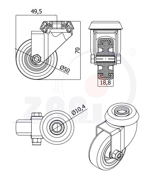 Apparaterollen und Räder/Möbelräder, Apparaterollen und Räder aus Kunststoff-Polyurethan, Lenkrollen mit Rückenloch mit dem Symbol M57TPU