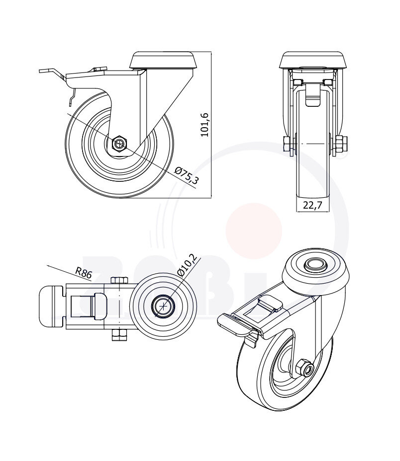 Apparaterollen und Räder/Möbelräder, Apparaterollen und Räder aus Kunststoff-Polyurethan, Lenkrollen mit Rückenloch und Bremse mit dem Symbol M77TPUH