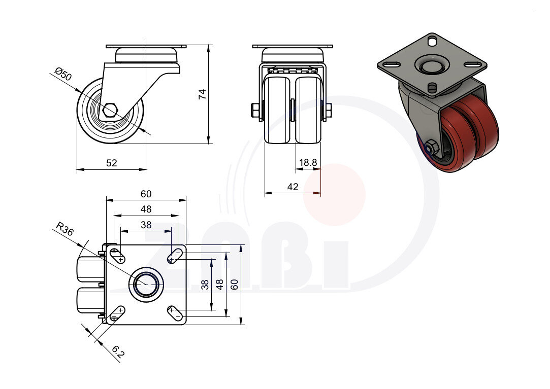 Apparaterollen und Räder/Möbelräder, Doppel Apparaterollen und Räder aus Kunststoff-Polyurethan, Lenkrollen mit Platte mit dem Symbol M52TPU2