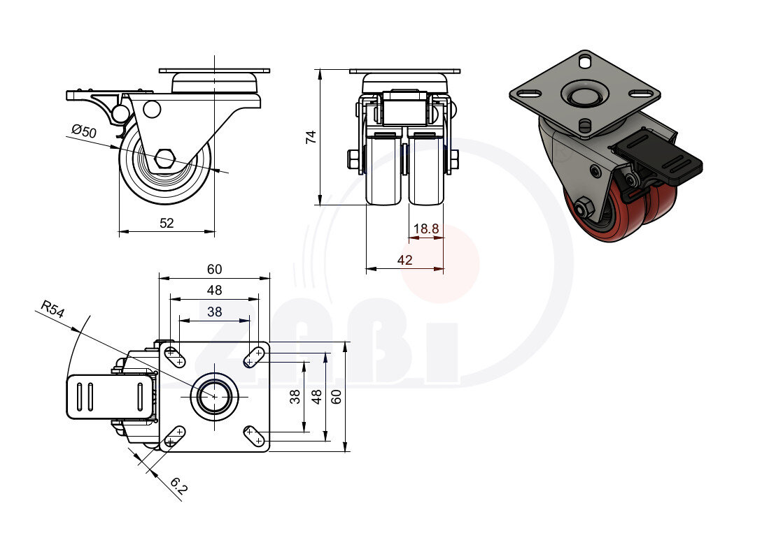 Apparaterollen und Räder/Möbelräder, Doppel Apparaterollen und Räder aus Kunststoff-Polyurethan, Lenkrollen mit Platte und Bremse mit dem Symbol M52TPUH2