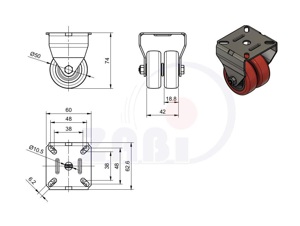Apparaterollen und Räder/Möbelräder, Doppel Apparaterollen und Räder aus Kunststoff-Polyurethan, Bockrollen mit dem Symbol M53TPU2
