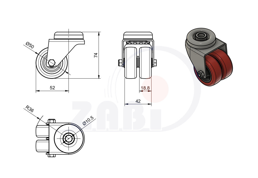 Apparaterollen und Räder/Möbelräder, Doppel Apparaterollen und Räder aus Kunststoff-Polyurethan, Lenkrollen mit Rückenloch mit dem Symbol M57TPU2