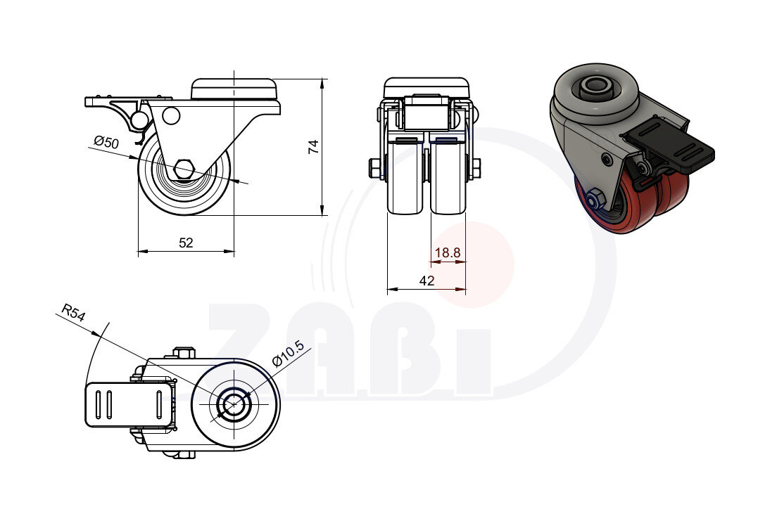 Apparaterollen und Räder/Möbelräder, Doppel Apparaterollen und Räder aus Kunststoff-Polyurethan, Lenkrollen mit Rückenloch und Bremse mit dem Symbol M57TPUH2