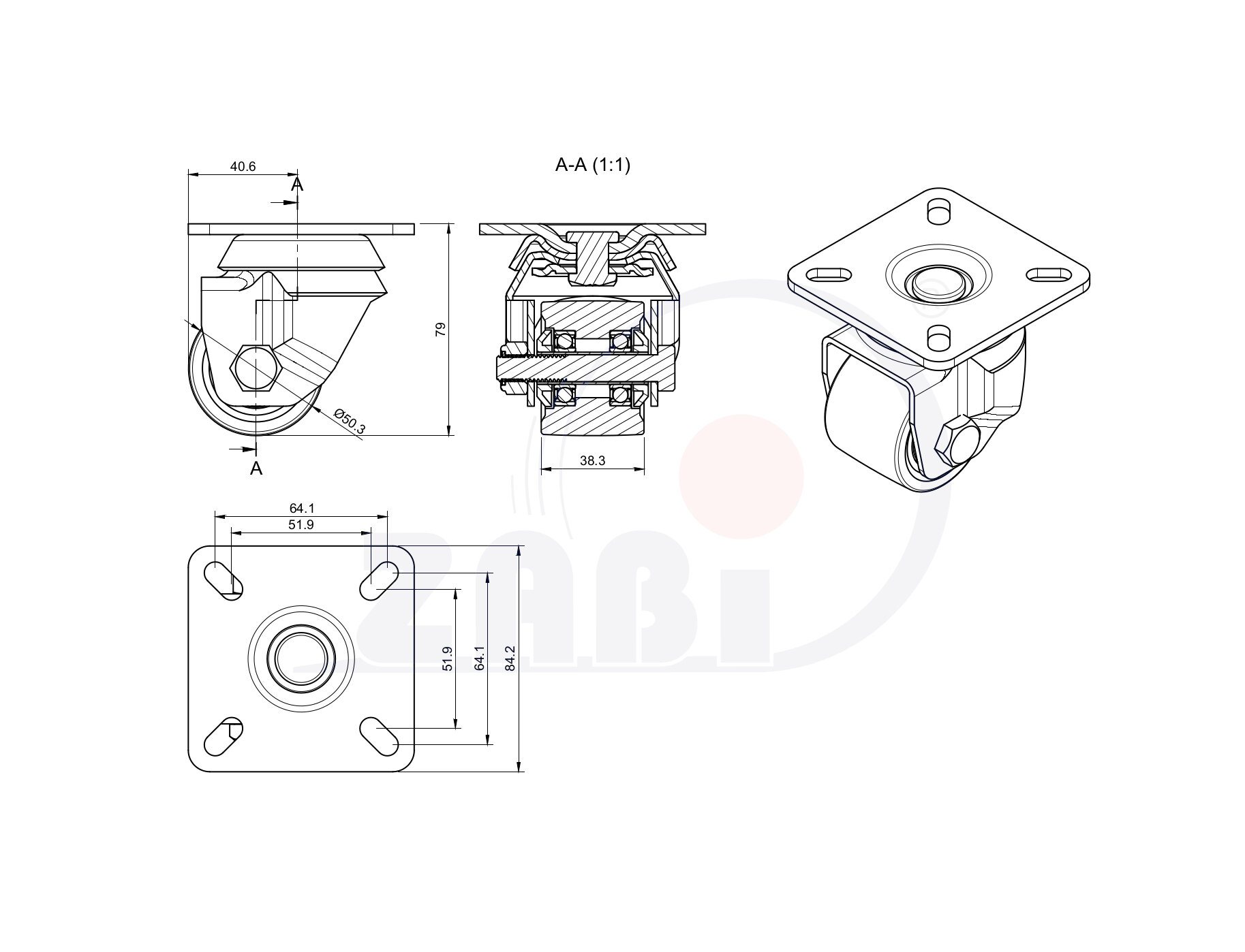 Koła aparaturowe-meblowe, Koła aparaturowe-meblowe do dużych obciążeń, W obudowach skrętnych o symbolu M52BNW