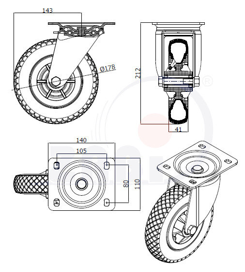 Колёса пневматические, Колёса пневматические, С поворотными опорами с обозначением 1752Ł