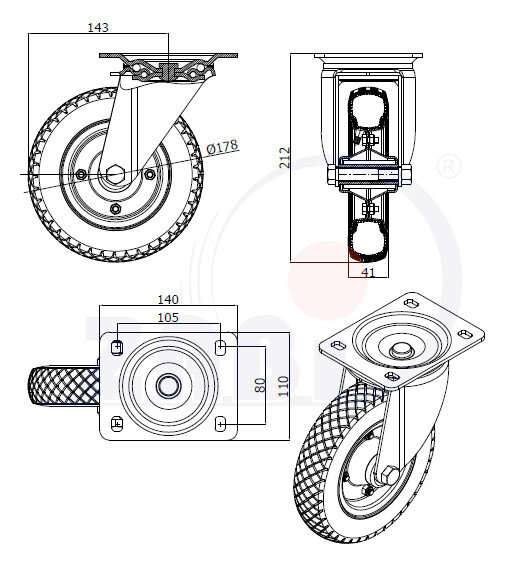 Колёса пневматические, Колёса пневматические, С поворотными опорами с обозначением 1752M
