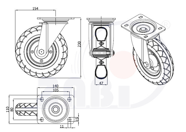 Колёса пневматические, Колёса пневматические, С поворотными опорами с обозначением 2002MK