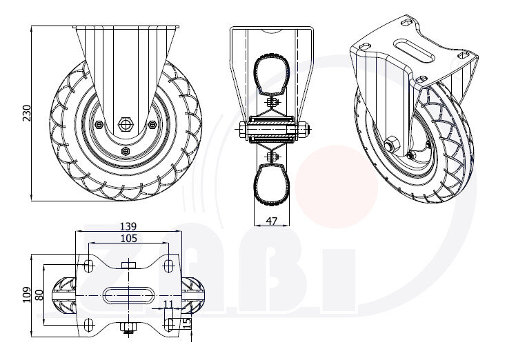 Колёса пневматические, Колёса пневматические, неповоротными опорами с обозначением 2003MS