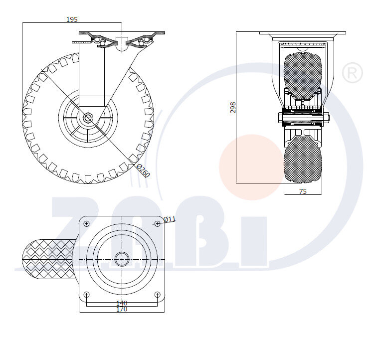 Колёса пневматические, Колёса из полиуретановой пены, В поворотных корпусах с обозначением 2602TP
