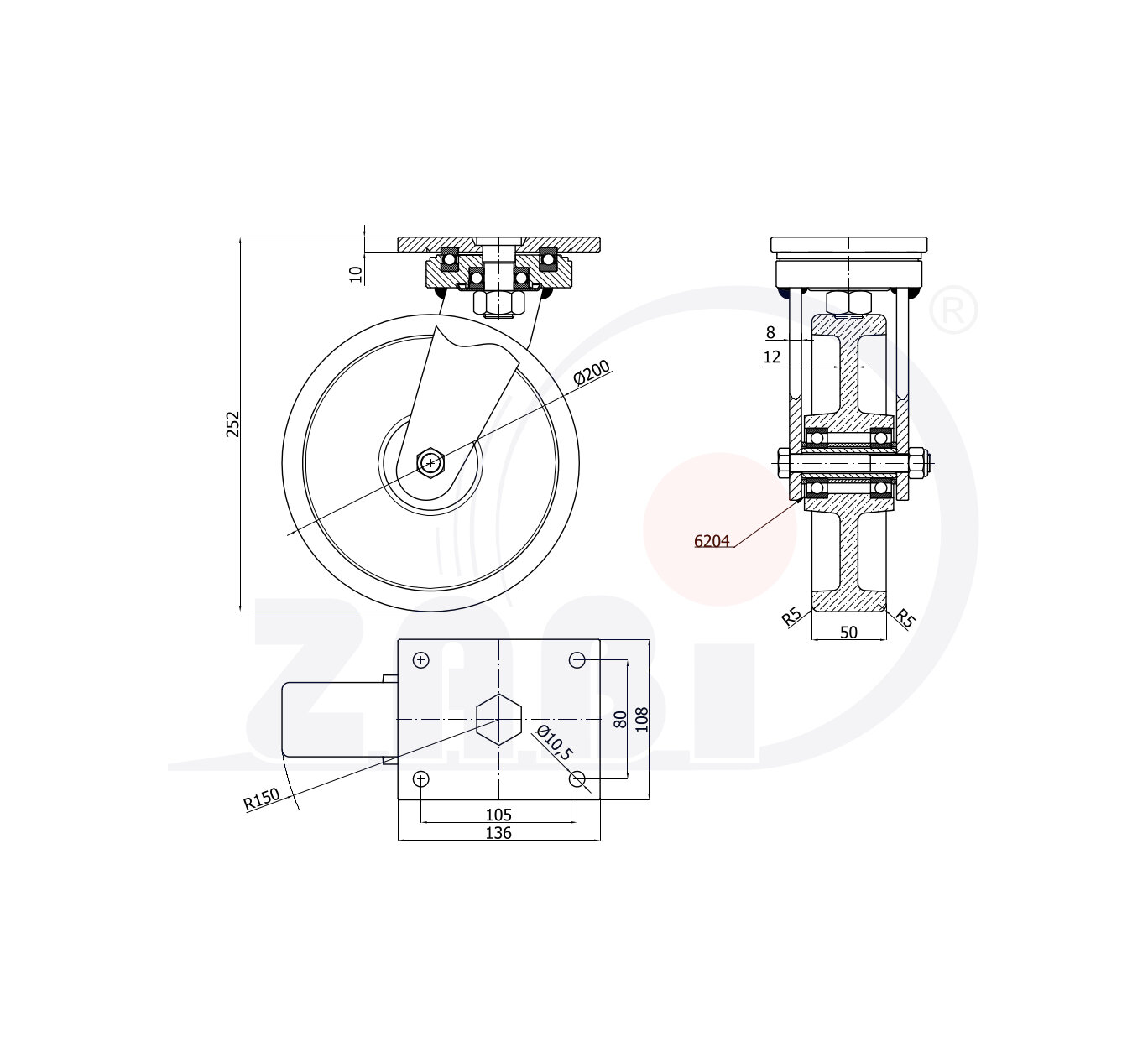 Koła odporne na wysoką temperaturę, Do 330°C żeliwne, W obudowach skrętnych o symbolu 62ZED