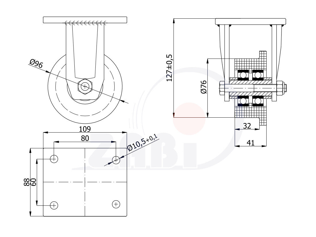 Koła i zestawy kołowe, Koła kołnierzowe, Koła tworzywowe w obudowach stałych o symbolu V13BN