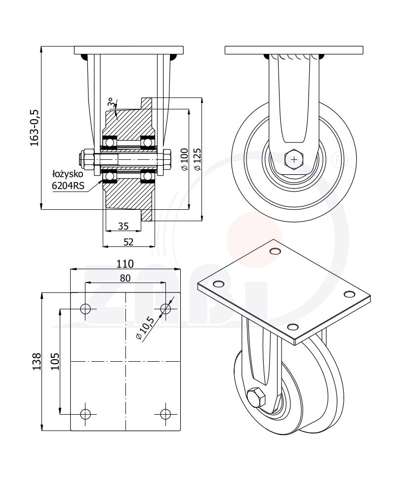 Колёса и наборы колёс, Колёса воротниковые из литой стали, С неповоротными опорами с обозначением V23