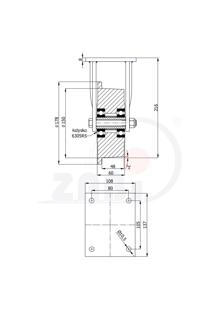 Колёса и наборы колёс, Колёса воротниковые из литой стали, С неповоротными опорами с обозначением V53