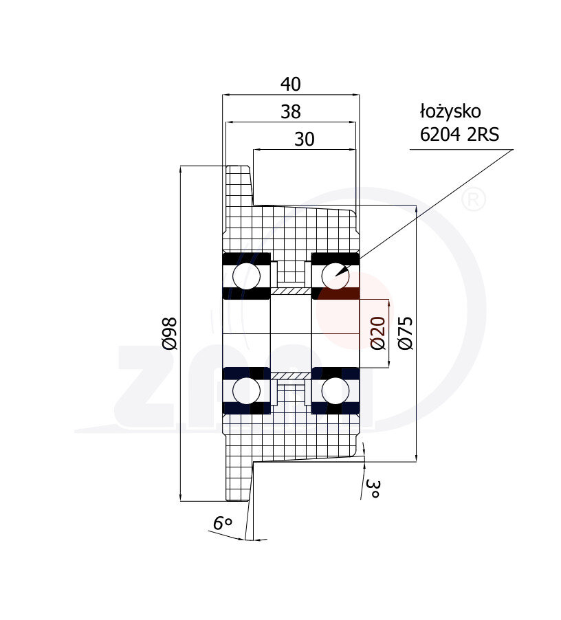 Koła i zestawy kołowe, Koła kołnierzowe, Koła tworzywowe PA6G o symbolu V10PA6G