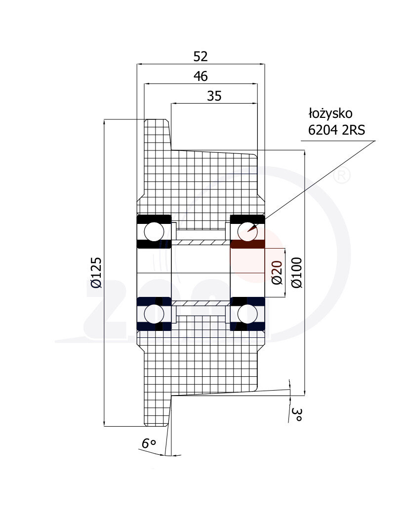 Koła i zestawy kołowe, Koła kołnierzowe, Koła tworzywowe PA6G o symbolu V20PA6G