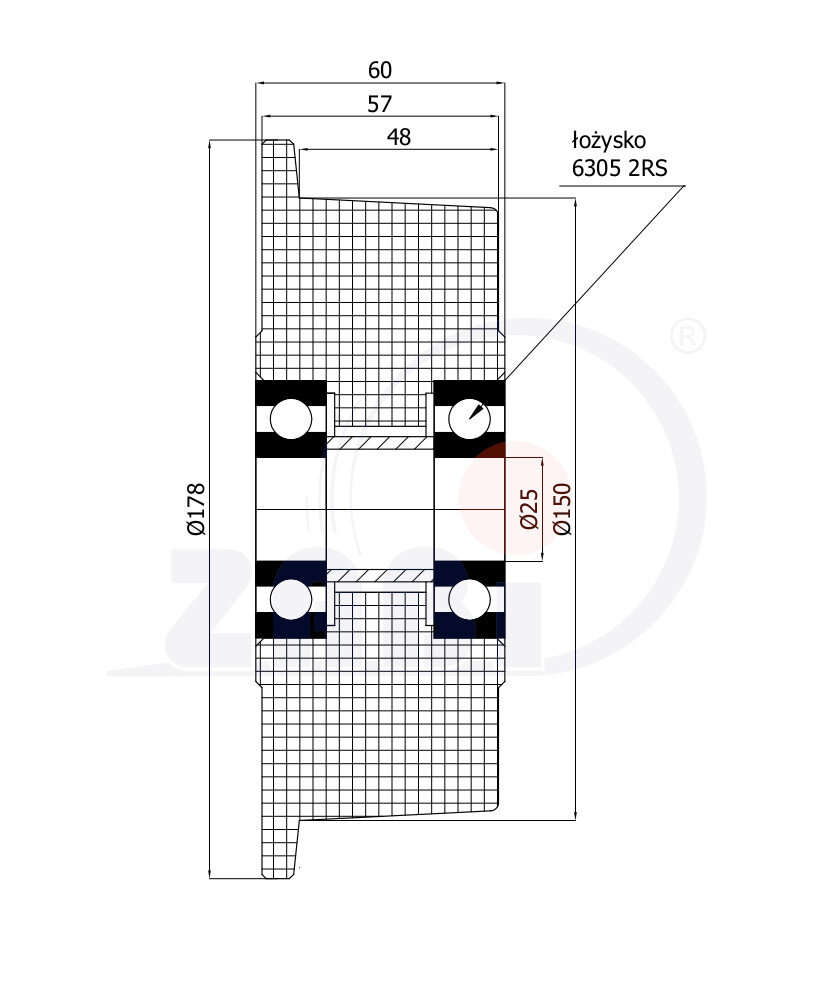 Koła i zestawy kołowe, Koła kołnierzowe, Koła tworzywowe PA6G o symbolu V50PA6G
