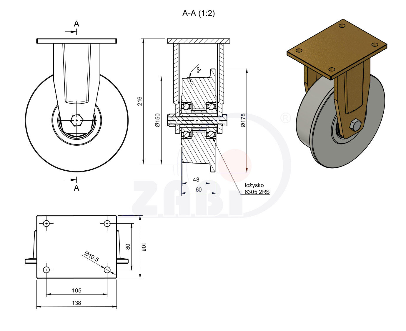 Koła i zestawy kołowe, Koła kołnierzowe, Koła tworzywowe PA6G w obudowach stałych o symbolu V53PA6G